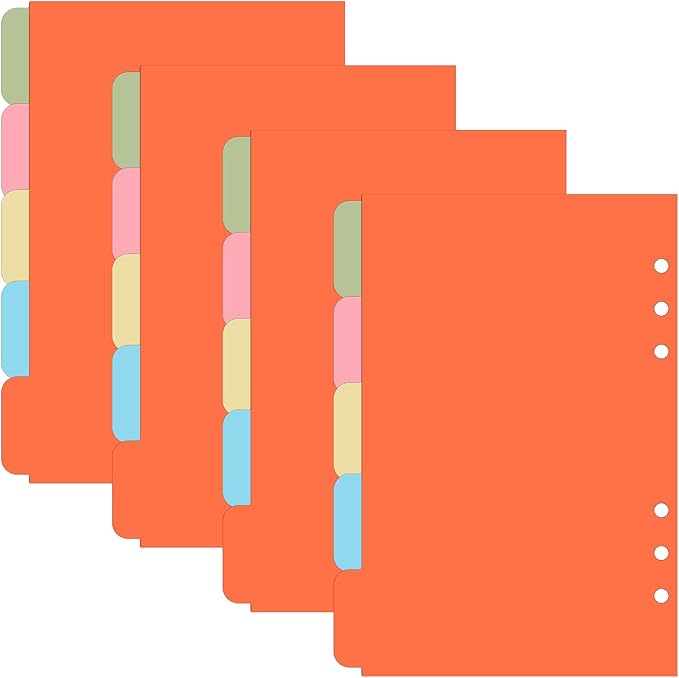 4 Pcs A5 Binder Dividers with 20 Tabs, Paper Index Divider, 6 Ring A5 Planner Inserts, Vertical Tabs Page, Index Divider for Notebook, Journal, Planner, Work Organization (5 Colors, 8.3 x 5.9 Inch)