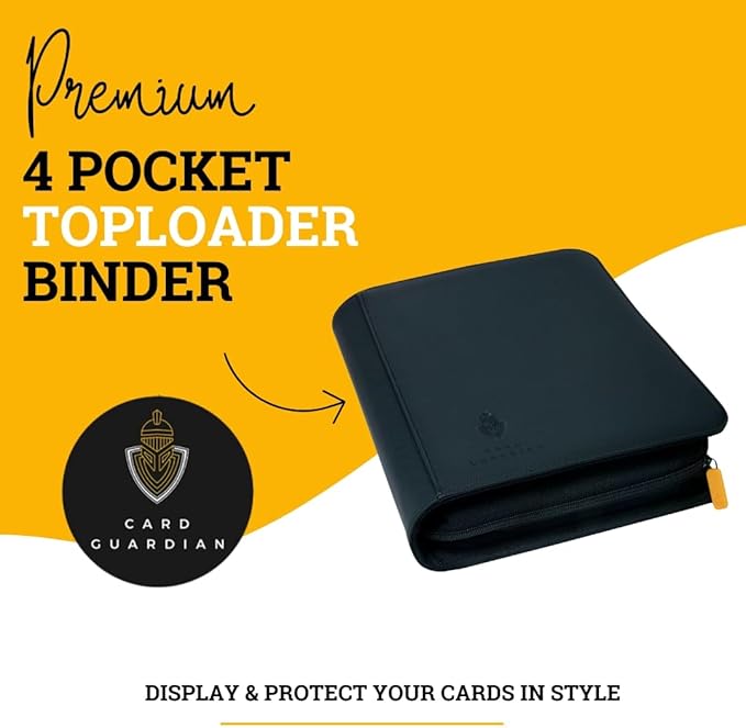 Card Guardian - Toploader binder 4 Pocket top loader binder with Zipper for 160 Cards - Side Loaded Pockets - Compatible with Sports and Trading Cards TCG (Black)