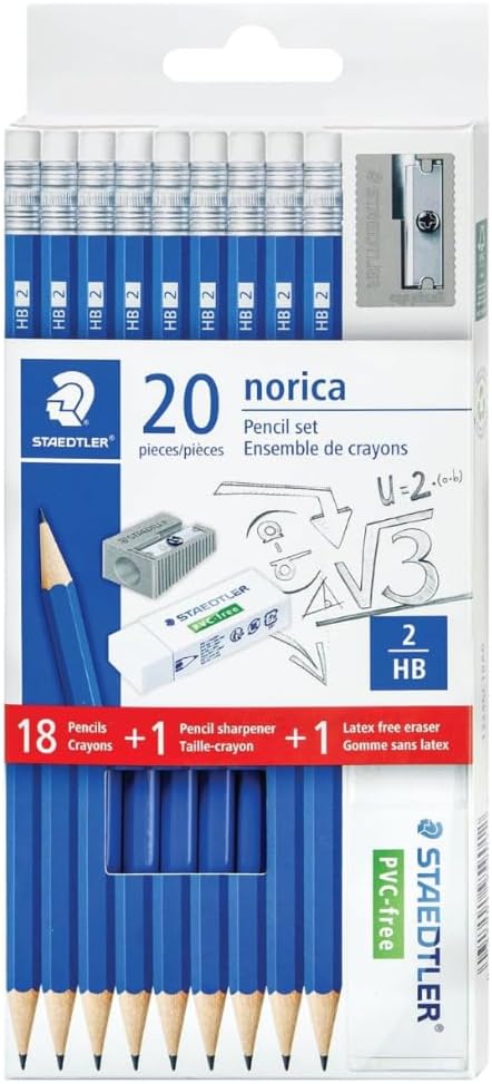 STAEDTLER Norica Pencil Set: 18-Pack (18 sets of 20 pcs) 18 Pre-sharpened #2 HB Pencils with 1 Eraser & 1 Sharpener, Break-Resistant Lead per pack, 360 count