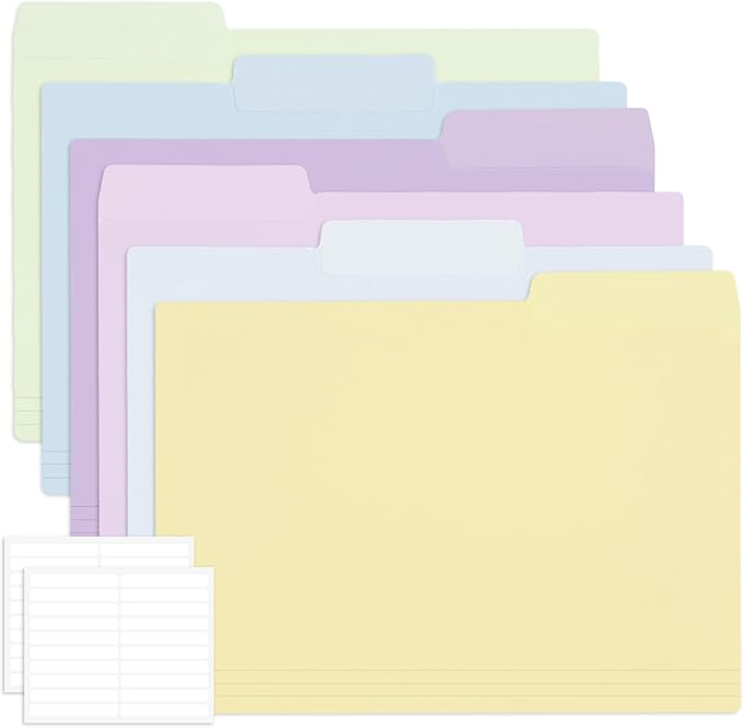 EOOUT 30pcs Plastic File Folders, 9'' x 11.6'' Manilla Folders, 3 Tab Colored File Folder, 6 Colors with 40pcs Erasable Category Labels for School and Office Supplies