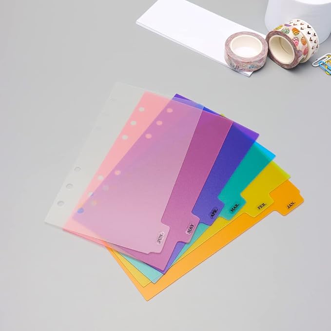 2 Pack A6 Binder Dividers 6 Tabs Bright Color Plastic Binder Index Tabs Planner Divider for Round Ring Binder Sheet Protector (Transparent, 12 Dividers)