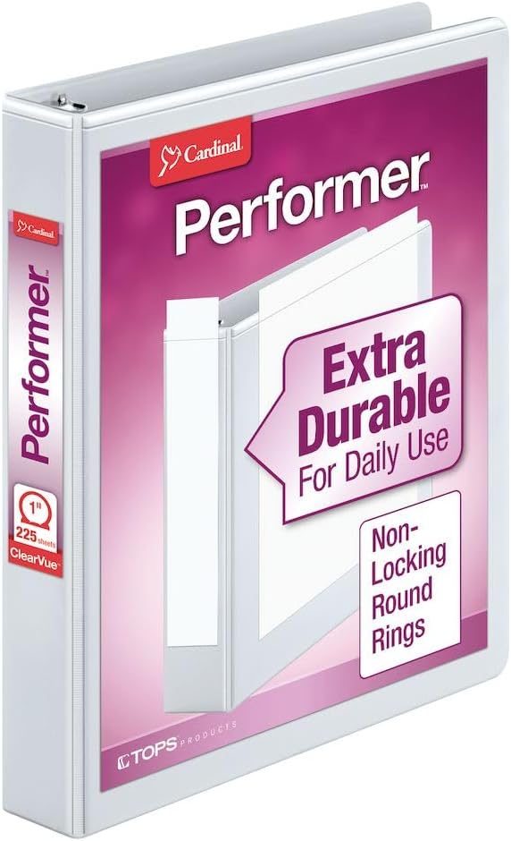 Cardinal Performer ClearVue Non-Locking Round Ring Binder, 1-Inch, White (67224)