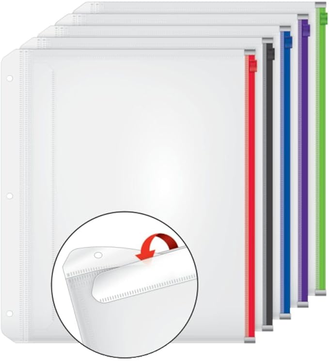 Cardinal Plastic Zippered Binder Pockets, 3-Hole Punched, Fits Full Letter Size 8-1/2" x 11" Sheets, Clear with Multicolor Zippers, 5 Count (14650) (Pack of 8)