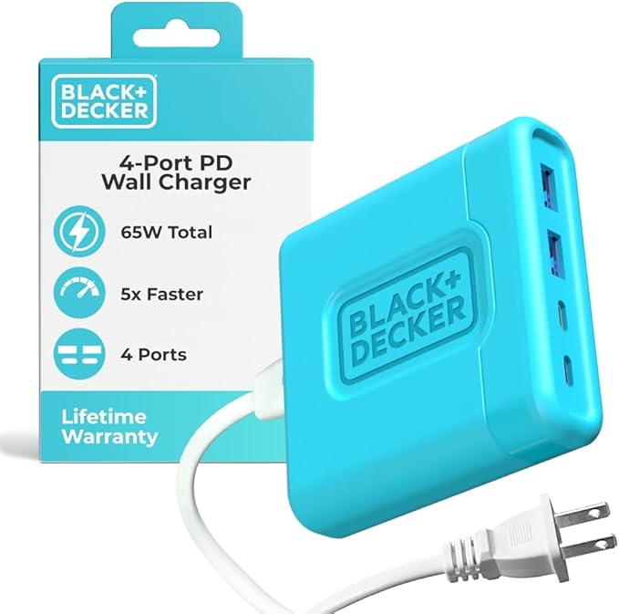 BLACK+DECKER USB C Fast Charger 65W 4 Port Type USB C Charging Station Hub Block TypeC Wall Charger Power Strip Adapter Plug 2 USBC 2 USBA for iPad iPhone 17 16 15 14 Pro Max Pixel Note Galaxy, Blue