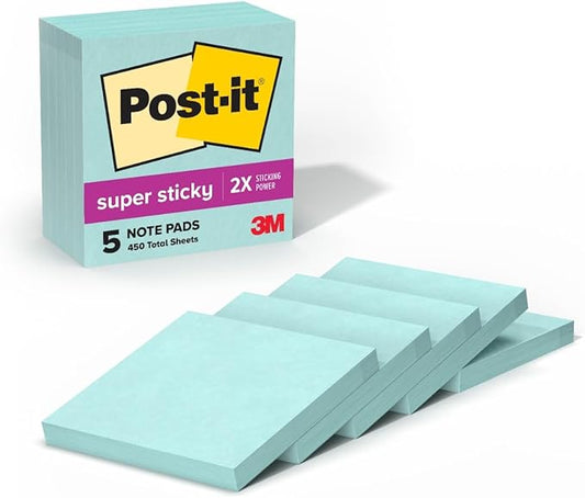Post-it Super Sticky Notes, 5 Sticky Note Pads, 3 x 3 in., Ideal for Organization in Your Dorm, Home or Office, Single Color Packs Collection, Fresh Mint