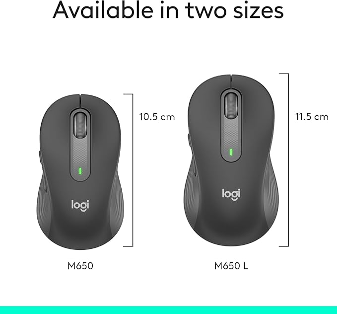 Logitech Signature M650 L Full Size Wireless Mouse - for Large Sized Hands, 2-Year Battery, Silent Clicks, Customizable Side Buttons, Bluetooth, Multi-Device Compatibility - Black (Renewed)
