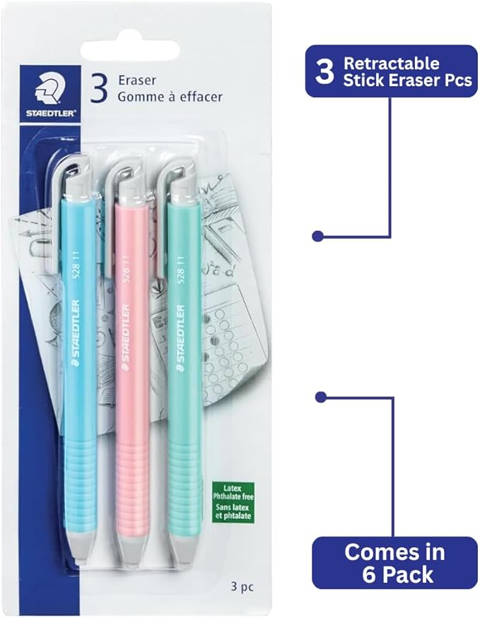 STAEDTLER Vinyl Eraser Holder 6-Pack (6 Sets of 3 pcs): 3 Units Retractable Erasers for Pencils, Soft Vinyl, Latex-Free, Clean Edges, No Smudges, Pastel Colors, 18 Count