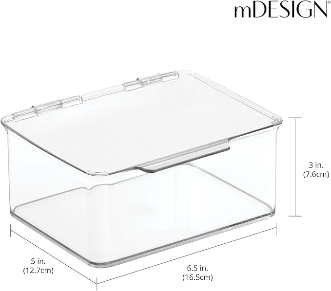 mDesign Small Plastic Home Office Storage Organizer Box Containers w/Hinged Lid for Desktops - Holds Pens, Pencils, Sticky Notes, Highlighters, Staples, Supplies - Lumiere Collection, Clear