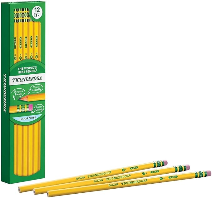 Ticonderoga Wood-Cased Pencils, Unsharpened, #3 H Hard, Yellow, 12 Count
