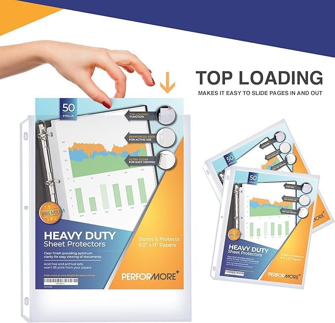 50 Sheet Protectors 8.5 x 11 for 3 Ring Binder, Heavy Duty, Clear Page Protector, Polypropylene Plastic Sleeves, Top Loading, Reinforced Holes, Archival Safe - Performore