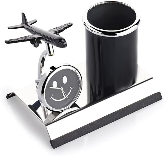 Aeroplane Miniature Metal Pen Stand With Clock, Stylish Stationary Desk Organizer, Pencil Holder, Elegant Corporate Gift Set, Durable Decorative Showpiece For Office