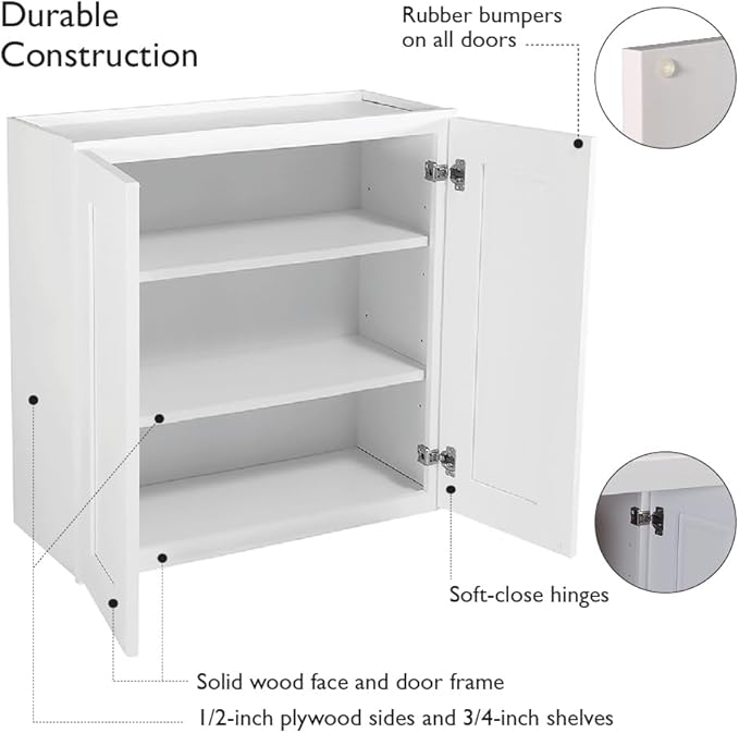 Design House Brookings Shaker Unassembled Wall Kitchen Cabinet W3030, 30 W x 12 D x 30 H, Painted White, Solid Wood, Design House, 561746