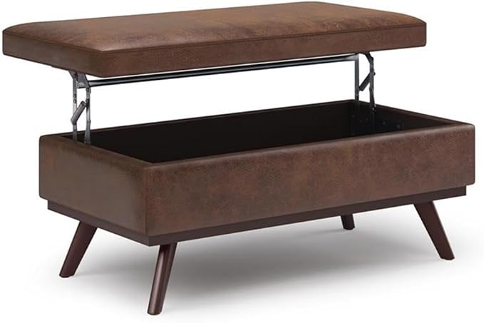SIMPLIHOME Owen Lift Top Coffee Table Storage Ottoman - 42 inch Wide Upholstered Vegan Leather Rectangular Lift-Top Ottoman in Distressed Chestnut Brown, Mid-Century Modern Ottoman for Living Room