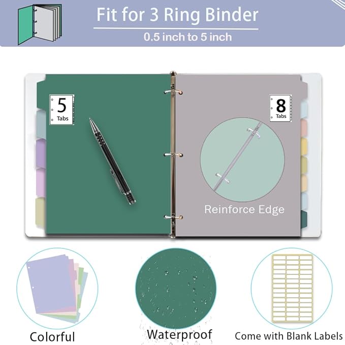 Binder Dividers with Tabs - 8 Index Tabs, Plastic 3 Hole Punch File Dividers for 3 Ring Binder, Letter Size, Durable File Organizer for School Office