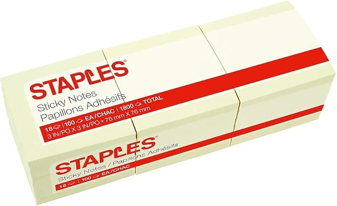 Staples Sticky Notes, 3" x 3", Yellow, Recycled Paper, 1800 Sheets – Eco‑Friendly Self‑Stick Notes for Home, School & Office
