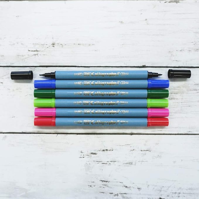 Kuretake Zig Calligraphy Pens,2mm. 3.5mm Dual Tip Markers, AP-Certified, No Mess, Photo-Safe, Acid Free, Lightfast, Odourless, Xylene Freeing, for Beginners, Made in Japan (6 pens Set)