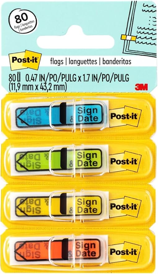 Post-it Message Flags, Sign and Date, 30/Dispenser, 4 Dispensers/Pack, .47 in Wide, Assorted Colors (684-SD) (24 Pack)