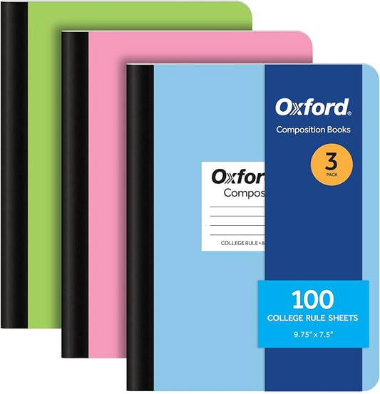 Oxford Composition Notebooks, 9-3/4 x 7-1/2 Inch School Journals, College Ruled Paper, Pastel Color Covers, 100 Sheets per Book, (1002520), 3 Count (Pack of 8)