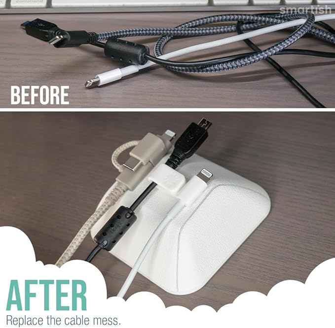 Smartish® Magnetic Cord Holder - Cable Wrangler Organizer with Magnet Clips for Charger Management on Desktop, Nightstand for USB-C + Lightning - Snow Day White