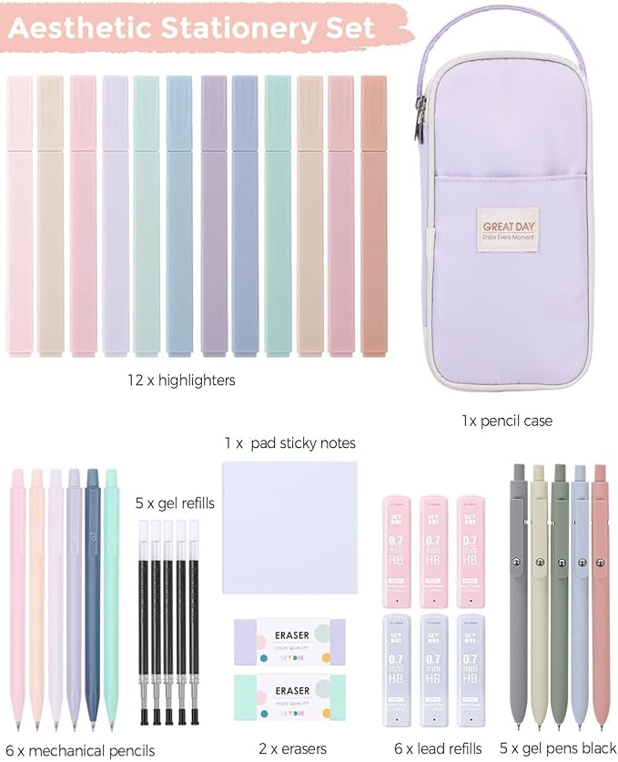 SKYDUE Cute School Supplies 38 PCS, Pencil Case with 12 Pastel Highlighters, 5 Black Gel Pens, Mechanical Pencils, College Essentials Students Stationary Set Purple