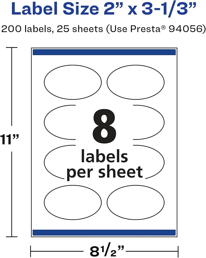 Avery Glossy White Oval Labels, Sure Feed Technology, 2" x 3-1/3", 200 Glossy White Labels, Print-to-The-Edge, Permanent Adhesive, Laser/Inkjet Printable