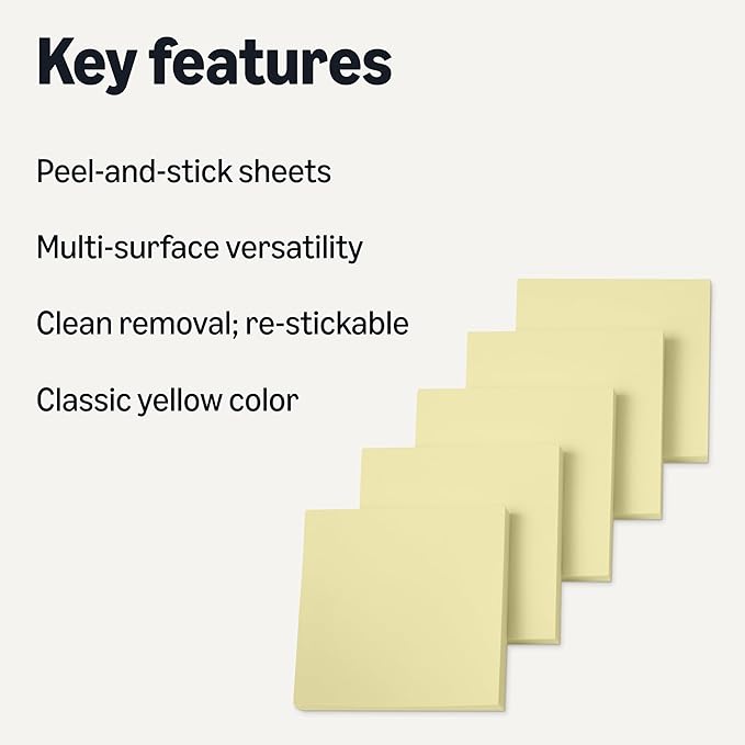 Amazon Basics Square Sticky Notes, Self-Stick Pads, 3 x 3 inches, Yellow, 18-Pack, 100 Sheets per Pad