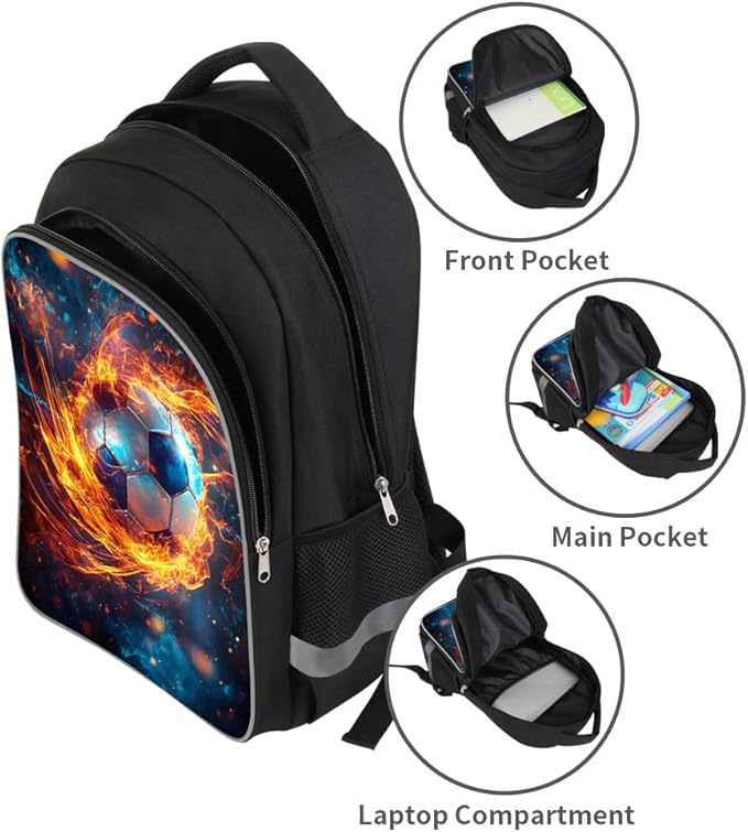 Kids Backpack Lightweight Durable Medium Teens Kids Backpack for School Boys and Girls Bookbag with Adjustable Shoulder Straps & Padded Back 17 Inch School bags with 3D Reflective Football Cartoon