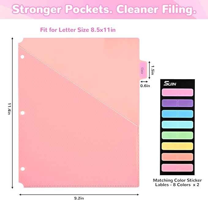 SUIN 8 Tab Binder Dividers with Pockets - Heavy Duty Plastic Dividers for 3 Ring Binder, Letter Size Poly Page Separators with Tabs & Label Stickers, Diamond Texture, 8 Pastel Colors, 2-Pack