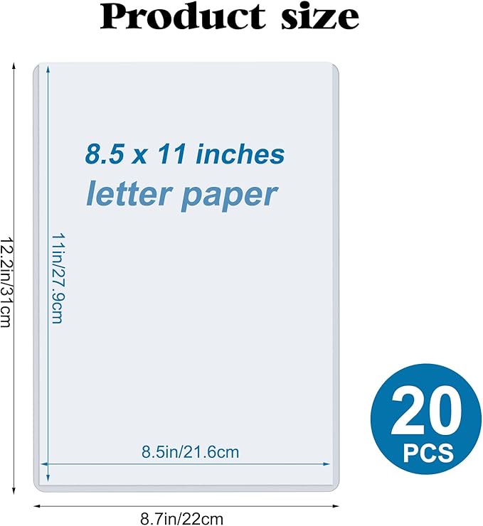 8.5" x 11" Hard Plastic Sheet Protectors, Menu Rigid Print Protectors, Clear Certificate Waterproof Protectors, Paper Sleeves Photo Plastic Sleeves Document Holder, Birth Certificate Protector(20Pack)