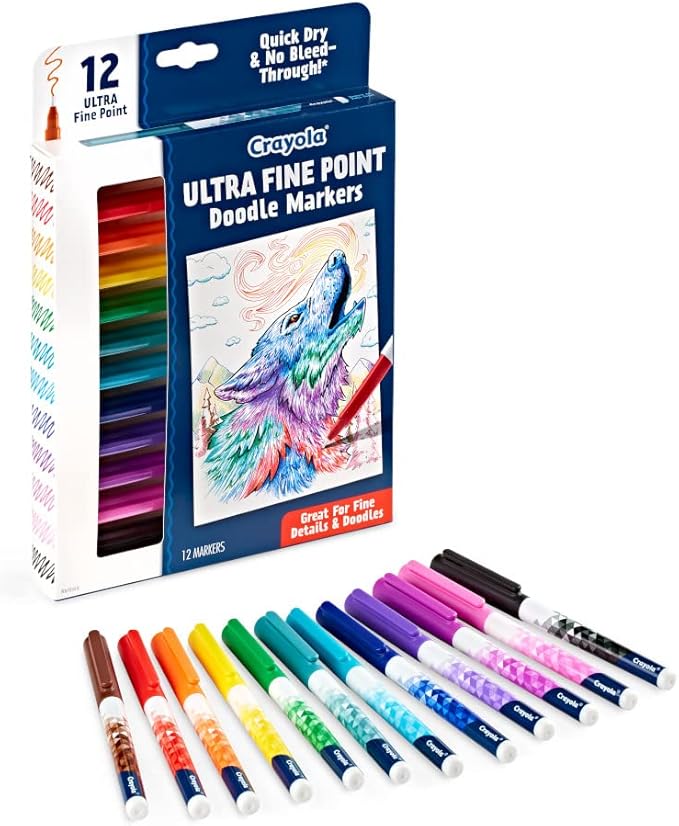 Crayola Ultra Fine Point Markers (12ct), No Bleed Markers for Adult Coloring Books, Doodle Art Marker Set, Lettering, Calligraphy, Drawing