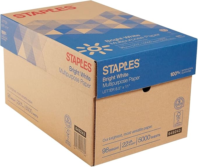 Staples 8.5-Inch x 11-Inch Multipurpose Paper 22 lbs 98 Brightness 500/RM 10 RM/CT