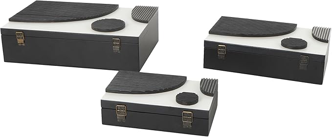 Deco 79 Wood Handmade Decorative Box Decorative Keepsake Boxes with 3D Geometric Accents, Set of 3 Storage Boxes 15", 12", 9"W, Black