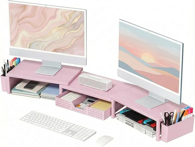 OPNICE Pink Desk Organizers and Accessories for Women, Dual Computer Monitor Stand Riser with Drawer and 2 Pen Holders, Office Desk Accessories, Workspace Desktop Organization for Office Supplies