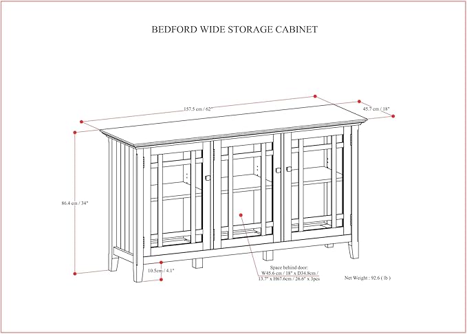 SIMPLIHOME Bedford Storage Cabinet - 62 inch Wide Solid Wood Sideboard Cabinet in Dark Tobacco Brown, Transitional Buffet for Living Room, Dining Room, or Entryway with Glass Doors and Shelves