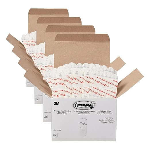 Command Poster Strips,256 Strips Damage-Free Hanging Poster Hangers,No Tools Wall Hanging-Strips for Christmas Decorations,White Adhesive-Strips,(Pack of 4)