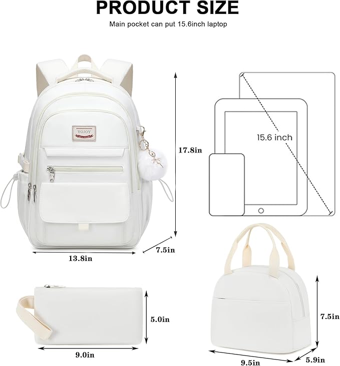 School Bag for Teens Girls,Girls Backpack Set,3 PCS Kids Backpack for Women,15.6 Inch Laptop Middle High School College Student Casual Travel Daypack with Lunch Box Pencil Pouch Set(Beige)