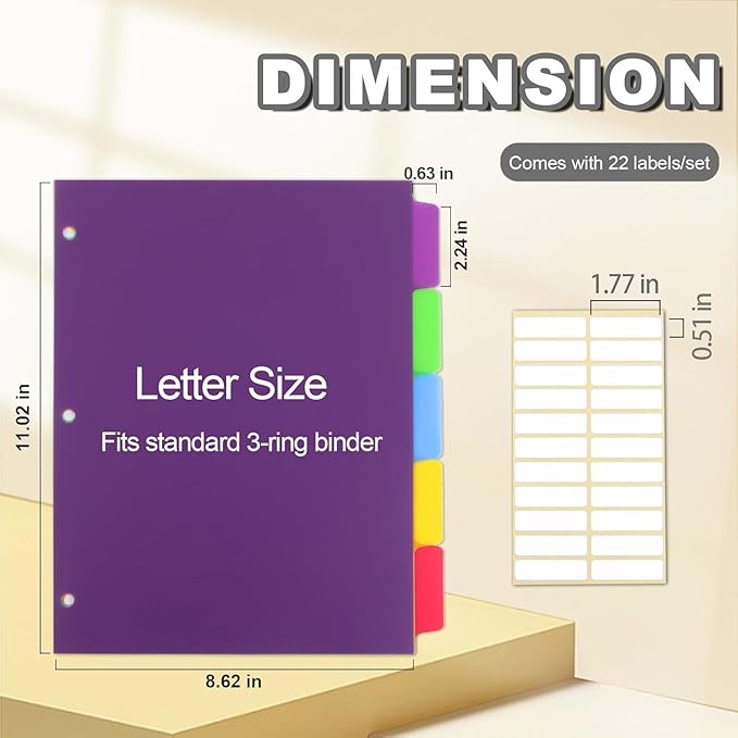 Colorful Binder Dividers with Tabs,Plastic Index with 5-Tabs,for 3 Ring Binder,6 Sets