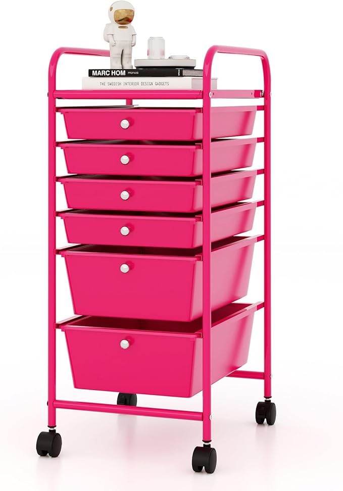 COSTWAY 6-Drawer Rolling Storage Cart, Multifunctional Art Craft Tools Organizer on Wheels, Heavy Duty Utility Mobile Storage Trolley w/ 2 Lockable Wheels for Home Office School, Hot Pink