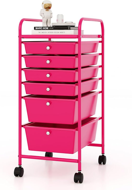 COSTWAY 6-Drawer Rolling Storage Cart, Multifunctional Art Craft Tools Organizer on Wheels, Heavy Duty Utility Mobile Storage Trolley w/ 2 Lockable Wheels for Home Office School, Hot Pink