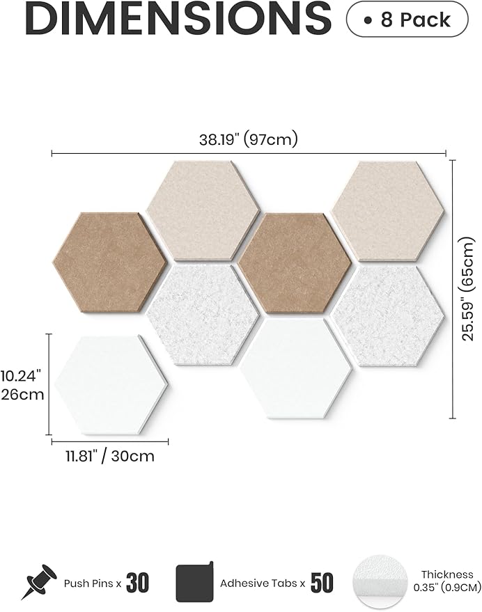 Fluxynara Hexagon Cork Board Alternative for Walls Decor-8-Pack Felt Bulletin Board Tiles,with 30 Pushpins,50 Adhesive Tabs for Office,Classrooms & Home Pin Board Felt Board-Stone Beige