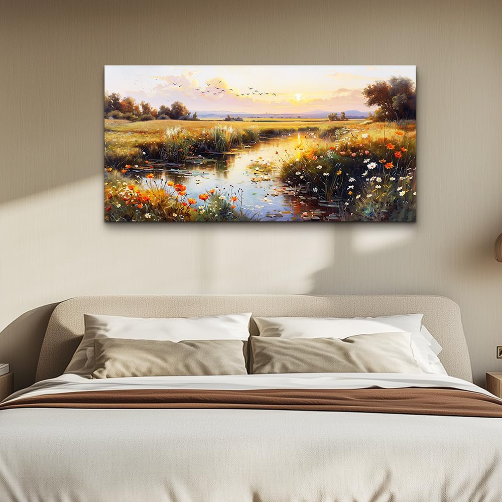 ZUITINGHUA Large Wall Decor For Living Room Canvas Wall Art For Office Modern Wall Decorations For Bedroom Rivers Landscape Painting Farmhouse Pictures Artwork Room Home Decor 24x48 In