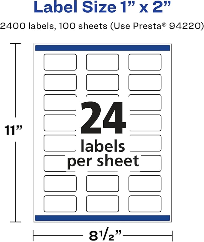 Avery Glossy White Rectangle Labels, Sure Feed Technology, 1" x 2", 2,400 Glossy White Labels, Print-to-The-Edge, Permanent Adhesive, Laser/Inkjet Printable