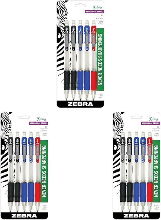 Zebra Pen Z-Grip Mechanical Pencil, 0.7mm Point Size, HB #2 Graphite, Assorted Grip Colors, 5-Count (Pack of 3)