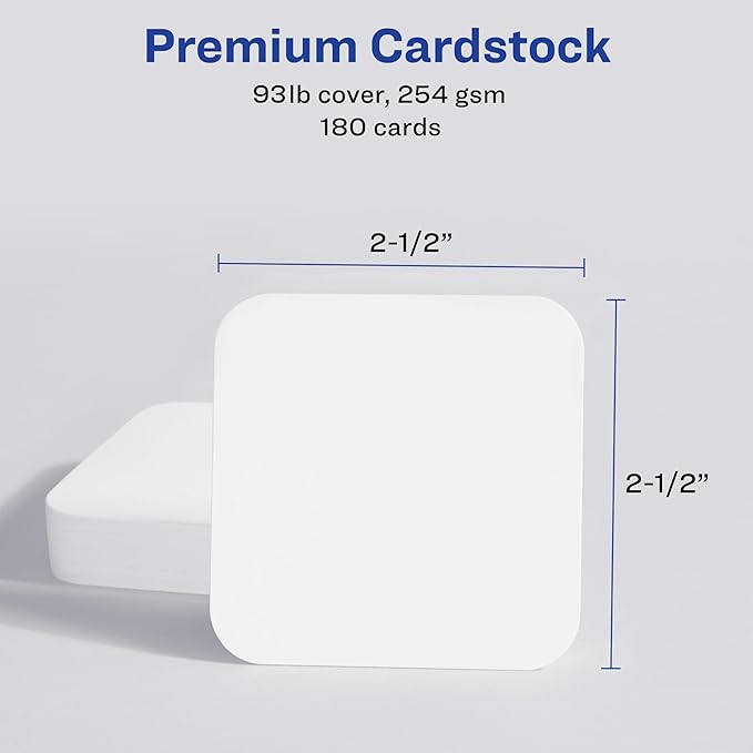 Avery Clean Edge Printable Square Cards with Sure Feed Technology, Rounded Corners, 2.5" x 2.5", Matte White, Inkjet Printer Compatible, 180 Blank Cards Total (35702)