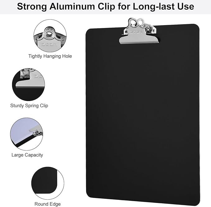 ZCZN Metal Clipboard, 12 Pack Heavy Duty Aluminum Clipboards 12 x 9 Inches, A4 Letter Sizer Document Holder with High Capacity Clip, Suitable for School, Office, Jobsite or Medical Staff, Black