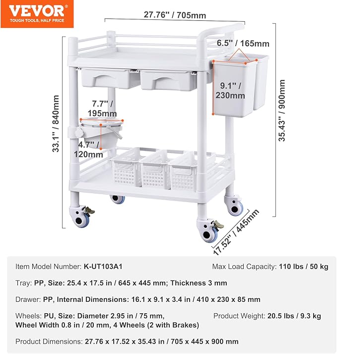 VEVOR Medical Mobile Trolley Cart with 2 Drawers & 3 Trash Cans, 2 Tiers Beauty Salon Rolling Trolley with 4 Silent Wheels & 2 Dirts Bucket & Bowl, Medical Utility Cart for Hospital Dental Clinic Lab