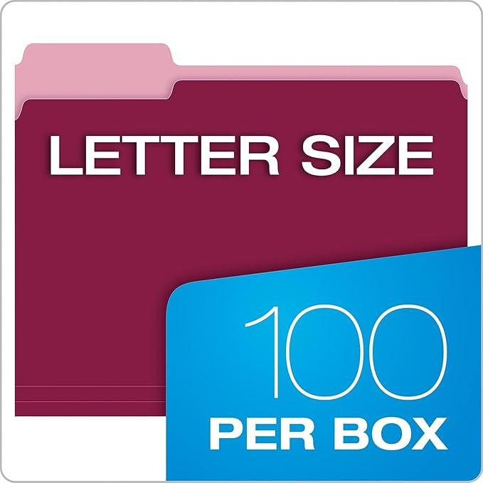 Pendaflex Colored File Folders, 100 Pack, Letter Size (8.5" x 11"), 3 Tabs, Burgundy, Light Interiors for Clearer Labels & Fewer Misfiles, A Colorful Way to Organize Projects