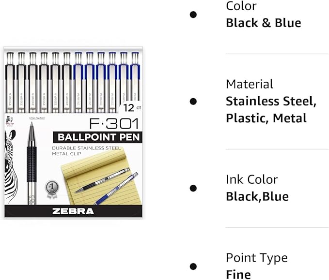 Zebra Pen F-301 Ballpoint Fine Point 0.7mm, Stainless Steel Retractable, 6 Black & 6 Blue - 12 Pack