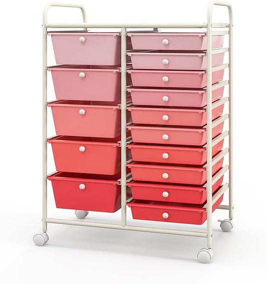COSTWAY 15 Drawer Rolling Storage Cart, Mobile Utility Cart with Lockable Wheels, Drawers, Multipurpose Organizer Cart for Home, Office, School, Gradient Pink