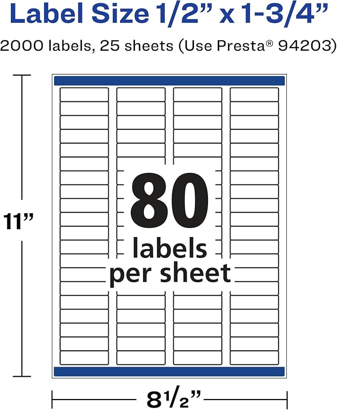 Avery Printable Durable White Rectangle Labels, Sure Feed Technology, 0.5" x 1.75", Waterproof Labels, Laser & Pigment-Based Inkjet Compatible, 2000 Total